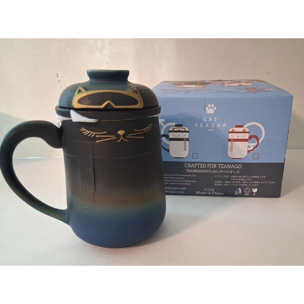 Rare Teanagoo Japanese Tea Cat Ceramic Teacup Mug Tea System Strainer New in Box